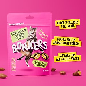 Bonkers Cat Pillows Catnip, Chick 'N & Cheddar Flavored Crunchy Cat Treats, 3-oz bag, 1 count
