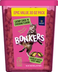 Bonkers Bites Grain-Free Catnip, Chick'N & Cheddar Crunchy Cat Treats, 30-oz tub