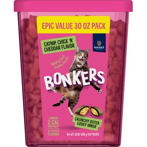 Bonkers Bites Grain-Free Catnip, Chick'N & Cheddar Crunchy Cat Treats, 30-oz tub