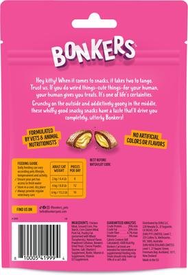 Show full view: Bonkers Cat Pillows Paw Lickin' Chicken Flavored Crunchy Cat Treats, 3-oz bag, 1 count slide 3 of 12
