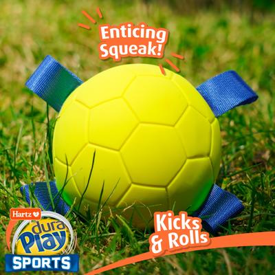 Show full view: Hartz Dura Play Sports Soccer Dog Toy, Yellow & Blue, Bacon Scented, 1 count slide 4 of 9