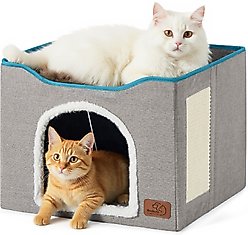 Bedsure Cat Cave with Fluffy Ball & Scratch Pad Plush Sherpa Foldable Cat House, Single, Grey