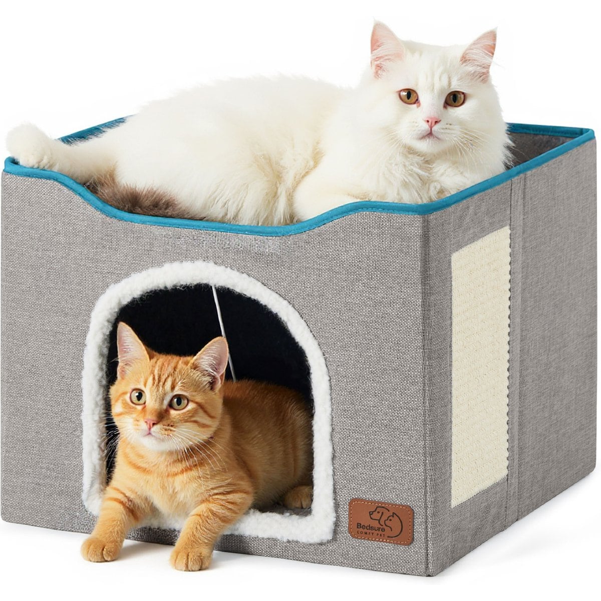 Bedsure Cat Cave with Fluffy Ball & Scratch Pad Plush Sherpa Foldable Cat House, Single, Grey