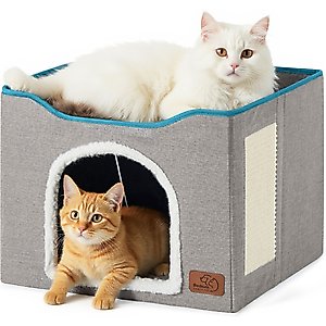 Bedsure Cat Cave with Fluffy Ball & Scratch Pad Plush Sherpa Foldable Cat House, Single, Grey