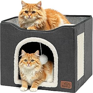 Bedsure Cat Cave with Fluffy Ball & Scratch Pad Plush Sherpa Foldable Cat House, Single, Dark Grey