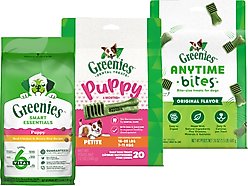 Puppy Variety Pack: Greenies Petite Dental Treats, 20 count + Greenies Smart Essentials High Protein Real Chicken & Brown Rice Dry Food, 5.5-lb bag + Greenies Anytime Bites Original Chicken Flavor Soft & Chewy Treats, 24-oz bag