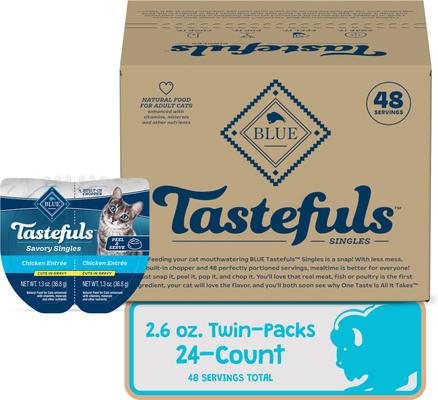Show full view: Blue Buffalo Tastefuls Savory Singles Variety Pack Chicken Entrée Cuts in Gravy, 2.6-oz cup, case of 24 + Salmon Entrée Cuts in Gravy, 2.6-oz cup, case of 24 + Tuna Entrée Cuts in Gravy, 2.6-oz cup, case of 24 Adult Wet Cat Food slide 4 of 9