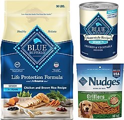 Blue Buffalo Life Protection Formula Senior Chicken & Brown Rice Recipe Dry Dog Food, 30-lb bag + Homestyle Recipe Chicken Dinner with Garden Vegetables Senior Wet Dog Food, 12.5-oz, case of 12 + Nudges Grillers Chicken Dog Treats, 16-oz bag