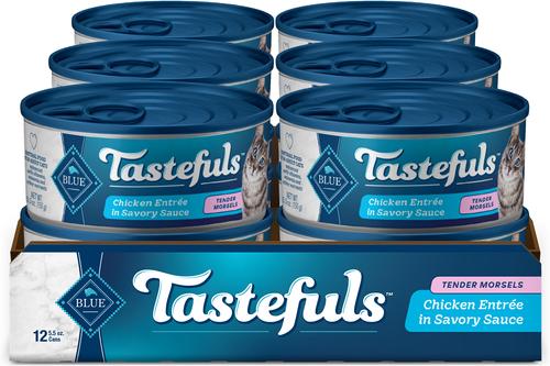 Show full view: Blue Buffalo Tastefuls Chicken & Brown Rice Recipe Adult Indoor Dry Food, 15-lb bag + Tastefuls Tuna, Chicken, Fish & Shrimp Variety Pack Flaked Wet Food, 5.5-oz can, case of 24 + Tastefuls Natural Tender Morsels Chicken Entree Wet Cat Food, 5.5-oz can, case of 12 slide 8 of 9