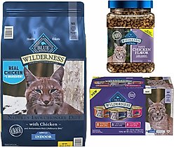 Blue Buffalo Wilderness Natures Evolutionary Diet Chicken High-Protein Grain-Free Adult Dry Food, 15-lb bag + Wilderness Tasty Chicken Flavor Grain-Free Crunchy Treats, 12-oz tub + Wilderness Variety Pack Adult High Protein Natural Chicken, Salmon, Turkey Pate Wet Cat Food, 5.5-oz can, case of 24