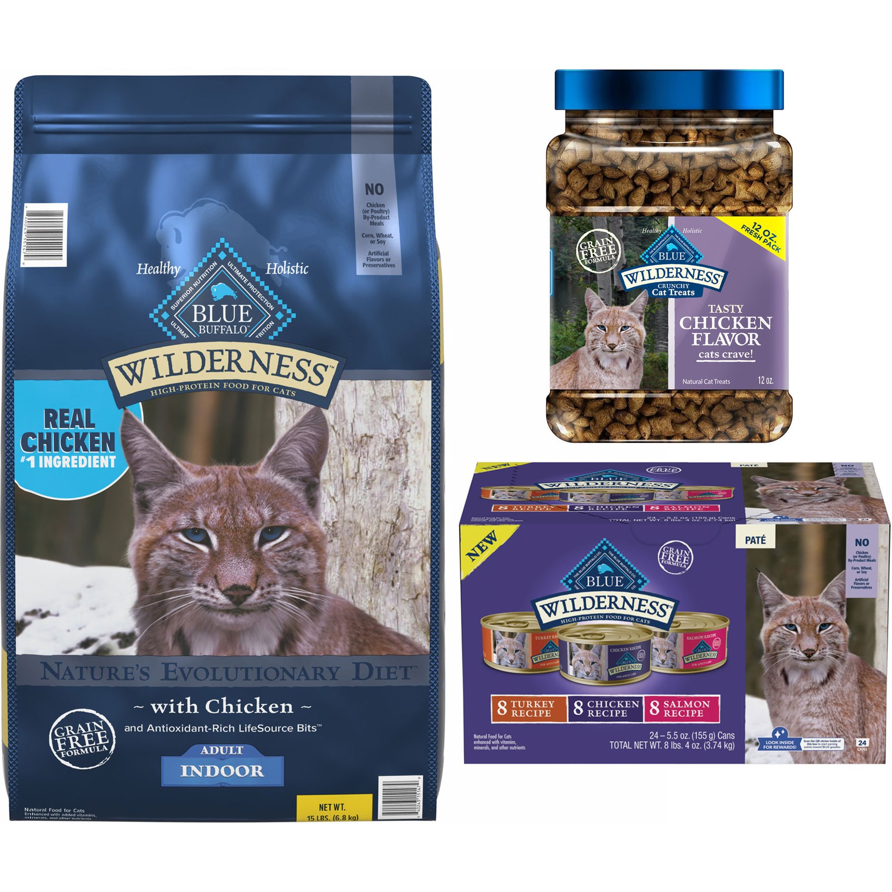 Blue Buffalo Wilderness Natures Evolutionary Diet Chicken High-Protein Grain-Free Adult Dry Food, 15-lb bag + Wilderness Tasty Chicken Flavor Grain-Free Crunchy Treats, 12-oz tub + Wilderness Variety Pack Adult High Protein Natural Chicken, Salmon, Turkey Pate Wet Cat Food, 5.5-oz can, case of 24
