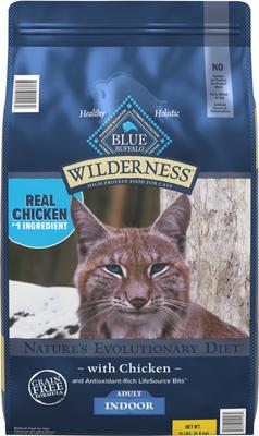 Show full view: Blue Buffalo Wilderness Natures Evolutionary Diet Chicken High-Protein Grain-Free Adult Dry Food, 15-lb bag + Wilderness Tasty Chicken Flavor Grain-Free Crunchy Treats, 12-oz tub + Wilderness Variety Pack Adult High Protein Natural Chicken, Salmon, Turkey Pate Wet Cat Food, 5.5-oz can, case of 24 slide 2 of 9