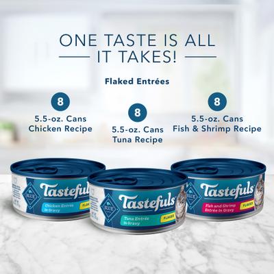 Show full view: Blue Buffalo Tastefuls Chicken & Brown Rice Recipe Adult Indoor Dry Food, 15-lb bag + Tastefuls Tuna, Chicken, Fish & Shrimp Variety Pack Flaked Wet Food, 5.5-oz can, case of 24 + Tastefuls Natural Tender Morsels Chicken Entree Wet Cat Food, 5.5-oz can, case of 12 slide 7 of 9