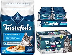 Blue Buffalo Tastefuls Chicken & Brown Rice Recipe Adult Indoor Dry Food, 15-lb bag + Tastefuls Tuna, Chicken, Fish & Shrimp Variety Pack Flaked Wet Food, 5.5-oz can, case of 24 + Tastefuls Natural Tender Morsels Chicken Entree Wet Cat Food, 5.5-oz can, case of 12