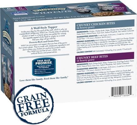Show full view: Blue Buffalo Delectables Chicken & Beef Dinner Variety Pack + Wilderness Trail Toppers Wild Cuts Variety Pack Chunky Chicken & Beef Bites in Gravy Dog Food Topper slide 7 of 10
