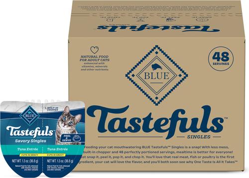 Show full view: Blue Buffalo Tastefuls Savory Singles Variety Pack Chicken Entrée Cuts in Gravy, 2.6-oz cup, case of 24 + Salmon Entrée Cuts in Gravy, 2.6-oz cup, case of 24 + Tuna Entrée Cuts in Gravy, 2.6-oz cup, case of 24 Adult Wet Cat Food slide 8 of 9
