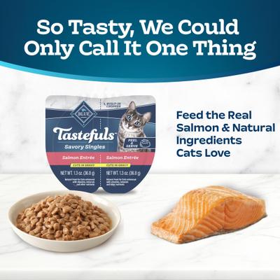 Show full view: Blue Buffalo Tastefuls Savory Singles Variety Pack Chicken Entrée Cuts in Gravy, 2.6-oz cup, case of 24 + Salmon Entrée Cuts in Gravy, 2.6-oz cup, case of 24 + Tuna Entrée Cuts in Gravy, 2.6-oz cup, case of 24 Adult Wet Cat Food slide 7 of 9