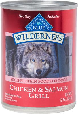 Show full view: Blue Buffalo Wilderness Variety Pack: Salmon Recipe Adult High-Protein Grain-Free Dry Food, 24-lb bag + Salmon & Chicken High-Protein Grain-Free Adult Canned Food, 12.5-oz, case of 12 + Trail Treats Grain-Free Salmon Biscuits Dog Treats, 24-oz bag slide 5 of 9