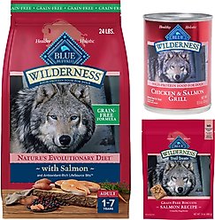 Blue Buffalo Wilderness Variety Pack: Salmon Recipe Adult High-Protein Grain-Free Dry Food, 24-lb bag + Salmon & Chicken High-Protein Grain-Free Adult Canned Food, 12.5-oz, case of 12 + Trail Treats Grain-Free Salmon Biscuits Dog Treats, 24-oz bag