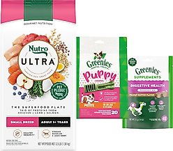 Puppy Variety Pack: Greenies Petite Dental Treats, 20 count + Nutro Ultra Adult Small Breed High Protein Trio of Proteins Chicken, Lamb & Salmon Dry Food, 3.5-lb bag + Greenies Digestive Health Sensitive Care Peanut Butter Flavor Supplement fors, 40 count