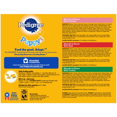 Show full view: Puppy Variety Pack: Pedigree Variety Pack Wet Food, 3.5-oz pouch, pack of 18 + Pedigree Growth & Protection Grilled Steak & Vegetable Flavor Dry Food, 3.5-lb bag + Pedigree Chopped Ground Lamb & Rice Recipe Wet Canned Food, 13.2-oz can, case of 12 + Pedigree Dentastix Small/Medium Original Chicken Flavor Dental Treats, 25 count slide 3 of 9