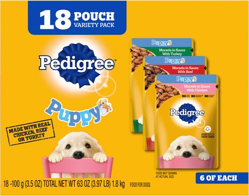 Show full view: Puppy Variety Pack: Pedigree Variety Pack Wet Food, 3.5-oz pouch, pack of 18 + Pedigree Growth & Protection Grilled Steak & Vegetable Flavor Dry Food, 3.5-lb bag + Pedigree Chopped Ground Lamb & Rice Recipe Wet Canned Food, 13.2-oz can, case of 12 + Pedigree Dentastix Small/Medium Original Chicken Flavor Dental Treats, 25 count slide 2 of 9