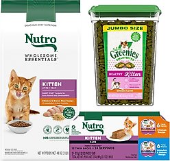 Kitten Variety Pack: Nutro Perfect Portions Variety Pack Pate Wet Food, 2.6-oz, case of 12 twin-packs + Greenies Smartbites Chicken Flavor Crunchy Treat, 16-oz tub + Nutro Wholesome Essentials Chicken & Brown Rice Recipe Dry Food, 3-lb bag