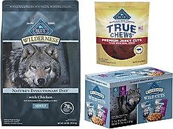 Blue Buffalo Wilderness Chicken Recipe High-Protein Adult Dry Food, 24-lb bag + Wilderness Trail Toppers Wild Cuts Chicken & Beef Flavors Variety Pack Wet Food, 3-oz pouch, case of 12 + True Chews Premium Jerky Cuts Natural Steak Dog Treats, 30-oz bag