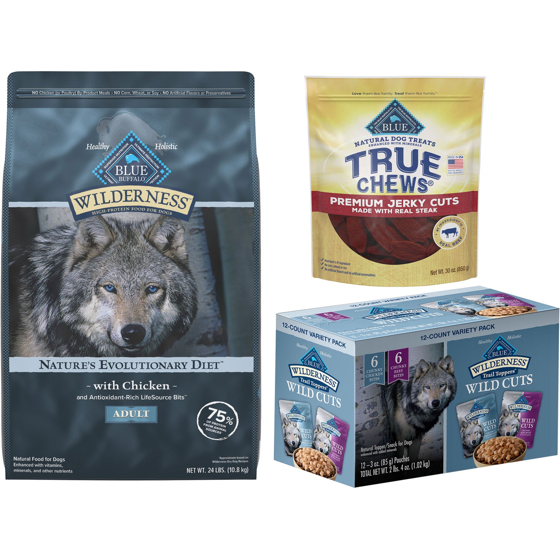 Blue Buffalo Wilderness Chicken Recipe High-Protein Adult Dry Food, 24-lb bag + Wilderness Trail Toppers Wild Cuts Chicken & Beef Flavors Variety Pack Wet Food, 3-oz pouch, case of 12 + True Chews Premium Jerky Cuts Natural Steak Dog Treats, 30-oz bag