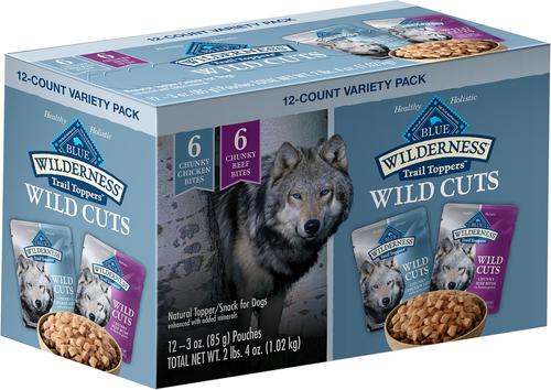 Show full view: Blue Buffalo Delectables Chicken & Beef Dinner Variety Pack + Wilderness Trail Toppers Wild Cuts Variety Pack Chunky Chicken & Beef Bites in Gravy Dog Food Topper slide 6 of 10