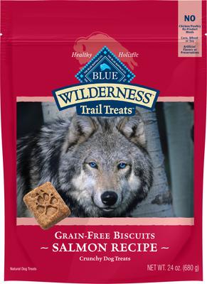 Show full view: Blue Buffalo Wilderness Variety Pack: Salmon Recipe Adult High-Protein Grain-Free Dry Food, 24-lb bag + Salmon & Chicken High-Protein Grain-Free Adult Canned Food, 12.5-oz, case of 12 + Trail Treats Grain-Free Salmon Biscuits Dog Treats, 24-oz bag slide 8 of 9