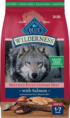 Show full view: Blue Buffalo Wilderness Variety Pack: Salmon Recipe Adult High-Protein Grain-Free Dry Food, 24-lb bag + Salmon & Chicken High-Protein Grain-Free Adult Canned Food, 12.5-oz, case of 12 + Trail Treats Grain-Free Salmon Biscuits Dog Treats, 24-oz bag slide 2 of 9
