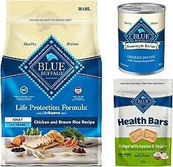 Blue Buffalo Life Protection Formula Adult Chicken & Brown Rice Recipe Dry Food, 30-lb bag + Homestyle Recipe Chicken Dinner with Garden Vegetables & Brown Rice Canned Food, 12.5-oz, case of 12 + Health Bars Baked with Apples & Yogurt Dog Treats, 16-oz bag