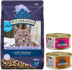 Blue Buffalo Wilderness Variety Pack: Natures Evolutionary Diet Chicken High-Protein Grain-Free Adult Dry Food, 12-lb bag + Salmon Grain-Free Canned Food, 5.5-oz, case of 24 + Turkey Grain-Free Canned Cat Food, 5.5-oz, case of 24