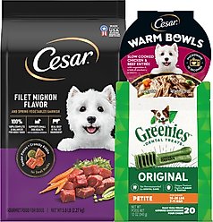 Puppy Variety Pack: Cesar Warm Bowls Chicken & Beef with Vegetables Entree Shredded Wet Food Trays, 2.7-oz tray, pack of 10 + Cesar Filet Mignon Flavor & Spring Vegetables Garnish Small Breed Dry Food, 5-lb bag + Greenies Petite Original Chicken Flavor Dental Treats, 20 count