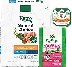 Puppy Variety Pack: Nutro Natural Choice Large Breed Chicken & Brown Rice Recipe Dry Food, 30-lb bag + Nutro Tender Grain-Free Chicken, Sweet Potato & Pea Recipe Bites in Gravy Wet Food Trays, 3.5-oz, case of 24 + Greenies Regular Dental Treats, 12 count
