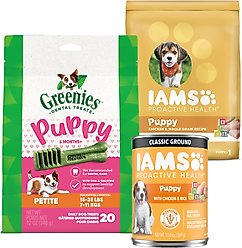 Puppy Variety Pack: Greenies Petite Dental Treats, 20 count + Iams Proactive Health Smart with Real Chicken Dry Food, 15-lb bag + Iams ProActive Health Classic Ground with Chicken & Rice Canned Wet Food, 13-oz can, case of 12