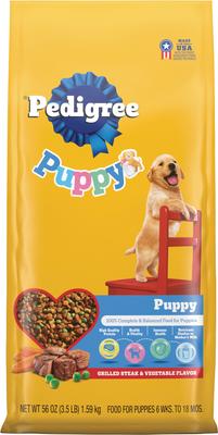 Show full view: Puppy Variety Pack: Pedigree Variety Pack Wet Food, 3.5-oz pouch, pack of 18 + Pedigree Growth & Protection Grilled Steak & Vegetable Flavor Dry Food, 3.5-lb bag + Pedigree Chopped Ground Lamb & Rice Recipe Wet Canned Food, 13.2-oz can, case of 12 + Pedigree Dentastix Small/Medium Original Chicken Flavor Dental Treats, 25 count slide 4 of 9