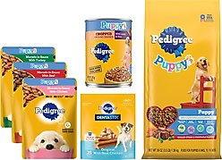 Puppy Variety Pack: Pedigree Variety Pack Wet Food, 3.5-oz pouch, pack of 18 + Pedigree Growth & Protection Grilled Steak & Vegetable Flavor Dry Food, 3.5-lb bag + Pedigree Chopped Ground Lamb & Rice Recipe Wet Canned Food, 13.2-oz can, case of 12 + Pedigree Dentastix Small/Medium Original Chicken Flavor Dental Treats, 25 count