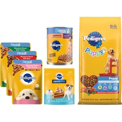 Pedigree Puppy Variety Pack: Pedigree Variety Pack Wet Food, 3.5-oz pouch, pack of 18 + Pedigree Growth & Protection Grilled Steak & Vegetable Flavor Dry Food, 3.5-lb bag + Pedigree Chopped Ground Lamb & Rice Recipe Wet Canned Food, 13.2-oz can, case of 12 + Pedigree Dentastix Small/Medium Original Chicken Flavor Dental Treats, 25 count