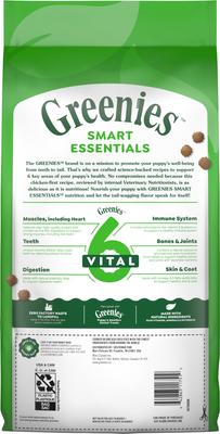 Show full view: Puppy Variety Pack: Greenies Petite Dental Treats, 20 count + Greenies Smart Essentials High Protein Real Chicken & Brown Rice Dry Food, 5.5-lb bag + Greenies Anytime Bites Original Chicken Flavor Soft & Chewy Treats, 24-oz bag slide 6 of 9