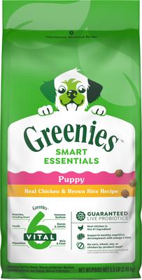 Show full view: Puppy Variety Pack: Greenies Petite Dental Treats, 20 count + Greenies Smart Essentials High Protein Real Chicken & Brown Rice Dry Food, 5.5-lb bag + Greenies Anytime Bites Original Chicken Flavor Soft & Chewy Treats, 24-oz bag slide 5 of 9