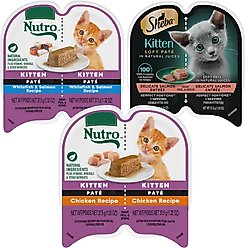 Kitten Variety Pack: Nutro Perfect Portions Chicken Recipe Pate Wet Food, 2.6-oz, case of 24 twin-packs + Nutro Perfect Portions Whitefish & Salmon Recipe Pate Wet Food, 2.6-oz, case of 24 twin-packs + Sheba Perfect Portions Salmon Soft Pate Wet Food, 2.6-oz twin-pack trays, case of 24