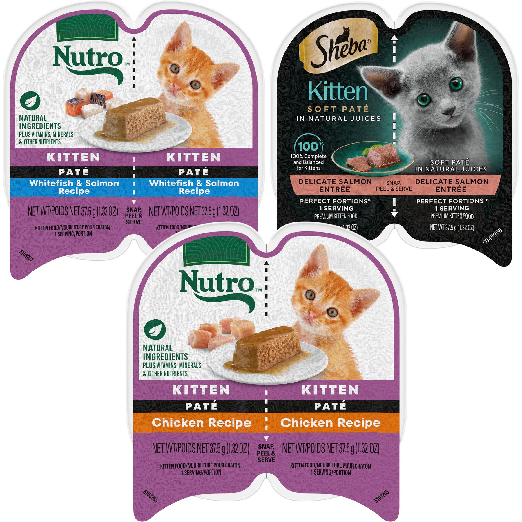 Kitten Variety Pack: Nutro Perfect Portions Chicken Recipe Pate Wet Food, 2.6-oz, case of 24 twin-packs + Nutro Perfect Portions Whitefish & Salmon Recipe Pate Wet Food, 2.6-oz, case of 24 twin-packs + Sheba Perfect Portions Salmon Soft Pate Wet Food, 2.6-oz twin-pack trays, case of 24