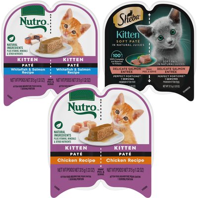 Nutro Kitten Variety Pack: Nutro Perfect Portions Chicken Recipe Pate Wet Food, 2.6-oz, case of 24 twin-packs + Nutro Perfect Portions Whitefish & Salmon Recipe Pate Wet Food, 2.6-oz, case of 24 twin-packs + Sheba Perfect Portions Salmon Soft Pate Wet Food, 2.6-oz twin-pack trays, case of 24