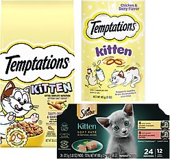 Kitten Variety Pack: Sheba Perfect Portions Variety Pack Chicken Pate & Pate Salmon Wet Food, 2.6-oz twin-pack tray, case of 12 + Temptations Tasty Chicken & Dairy Flavor Dry Food, 3.15-lb bag + Temptations Chicken & Dairy Flavor Crunchy & Soft Treats, 3-oz bag