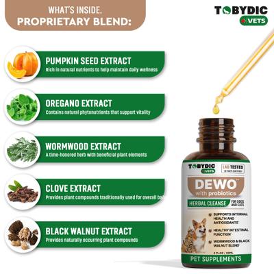 Show full view: TOBYDIC Natural Intestinal Defense with Probiotic Toxins Removal & Anti-Inflammatory Liquid Supplement for Dogs & Cats, 2-fl oz bottle slide 4 of 9