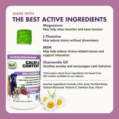 Show full view: Liquid-Vet Calm & Content Support Chicken Flavor Calming Supplement for Dogs, 32-fl oz bottle slide 5 of 9