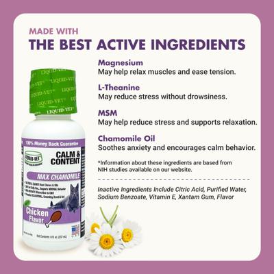 Show full view: Liquid-Vet Calm & Content Support Chicken Flavor Liquid Calming Supplement for Cats, 8-fl oz bottle slide 5 of 9