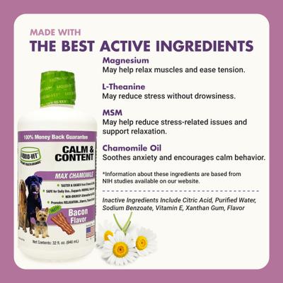 Show full view: Liquid-Vet Calm & Content Support Bacon Flavor Liquid Calming Supplement for Dogs, 32-fl oz bottle slide 5 of 9